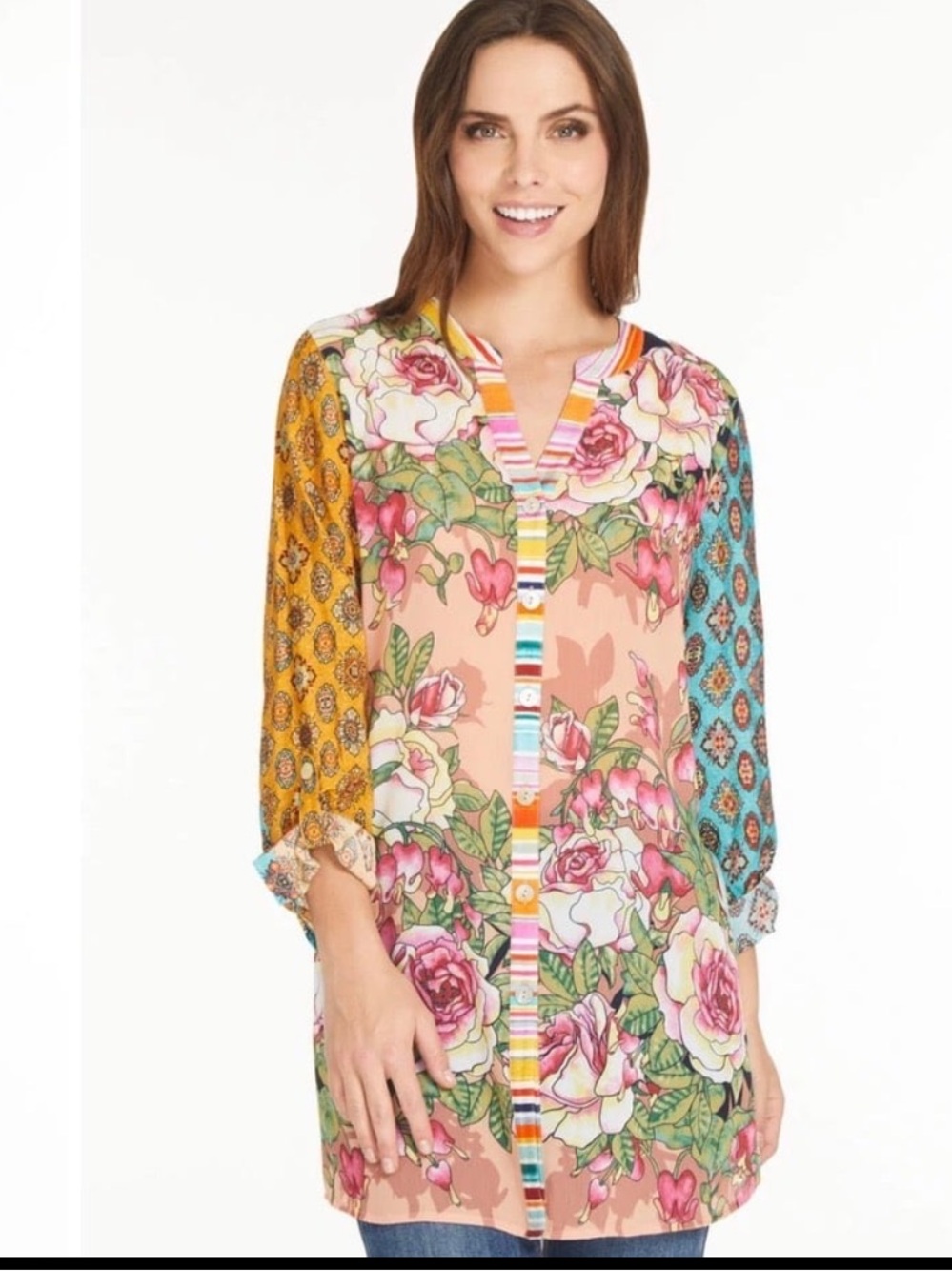 LN John Mark Floral Mixed Print High Low Boho Tunic Blouse